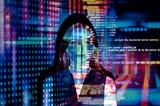 code projected over woman