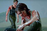 Abby stands behind Ellie on the beach during their final fight. Both have short hair and are covered in blood.