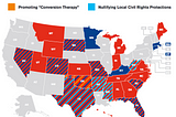 Map of "religious freedom", "conversion therapy", and anti-trans laws, as well as civil rights preemption laws, as of late 2015. (c) Human Rights Campaign.