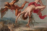 A painting of Icarus falling from the sky while his father Daedalus, who is flying beside him, watches in horror.