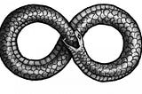 An ouroboros which is a circular symbol depicting a snake swallowing its tail against a white background