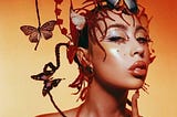 The cover art for Red Moon in Venus by Kali Uchis. It is a photo of the artist on a red-orange background, her hair sculpted into vine-like braids with butterflies intertwined.