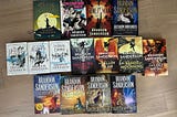 Photo by author: A snapshot of all my cosmere books! (Novellas not pictured.)