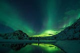 aurora borealis reflected on a lake in the mountains