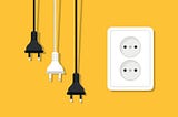 Electric socket with a plug icon in flat style. Connection symbol vector illustration on yellow background.