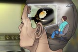 A tiny person sits in a movie theater inside a human head, watching and hearing everything that is being experienced by the human being. An illustration of the Cartesian theater.