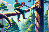 a man sitting on a branch and cutting it off with a hand saw
