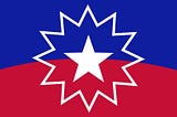 Juneteenth flag. Top half is blue, bottom half is red. The line separating the two colors is curved like the horizon. And in the center is a solid white 5 point star surrounded by the outline of a 12-point star.