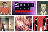 Grid of six images, with video game stills surrounding the logo for Steam Next Fest.
