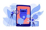 Vector drawing of a salmon colored phone or tablet with a blue robot surrounded by gears on it. Two men stand to either side and are using tools on the gears.