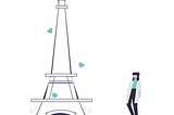 An illustration of a woman standing next to the Eiffel tower