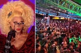 RuPaul stares at a gay circuit party containing hundreds of shirtless men