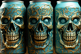 MidJourney prompt reveals an image of three beverage cans in green and gold with skull imagery embedded in them