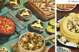 A picture of a 1950’s dinner spread, featuring some very strange recipes including a jell-o ring made out of mustard.