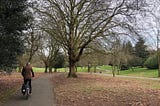Person cycling through a park on a grey autumn day, trees are bare and leaves are on the ground