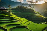 Verdant, green rice terraces cascade down the sides of a ravine in Bali, Indonesia