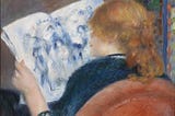 Painting in an impressionist style of a woman with red hair reading a magazine.
