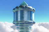Designed graphic with a background AI render by SULCI WORLD. Blue and green building in blue sky with clouds underneath. The building is curved and has a point at the top. Black text on graphic: FLUFF EXHIBITION NOV 6 — NOV 30 2024 BY SULCI WORLD. There is an Artivive and SULCI WORLD logo bottom right-hand corner.
