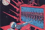 ballpoint illustration of a soldier pointing a camera at a battalion of soldiers on TV in space (blue and red colors)