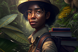 an adventurous explorer librarian in a jungle with books