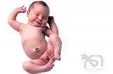Newborn baby boy floating on white background, peeing into the air