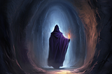 a robed figure in a shadowy stone tunnel,