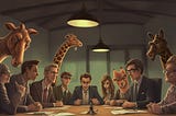 People and animals sit around a table having a meeting
