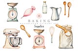 Baking Supplies Clipart Set Watercolor