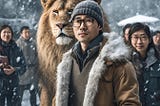 Asian male in his 30’s, semi-fit build, wearing glasses, entering Narnia, snow fall and lion next to him. A group of people standing behind him.
