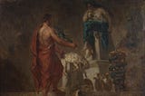 Dark oil painting of a man in a toga, standing before the Oracle situated on top of a pedestal, obviously in a thinking pose.