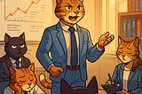 Illustration of a confident tabby cat in a blue suit leading a business meeting, standing in front of a chart while other anthropomorphic office cats look bored, annoyed, or disengaged around a conference table. Bright sunlight streams in through the window, highlighting the contrast in energy.