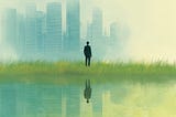A man in a suit stands on a long strip of grassy hill in a marsh, looking at a city skyline in the distance. The skyline is obscured by fog. The man and the city are reflected in the waters of the marsh.