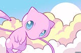 A digital drawing of Mew in the clouds
