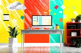 A solopreneur’s desk surrounded by post-it notes and plants. There is a gray cloud hovering over the desk, symbolizing a brain tumor.