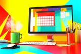 A desk showing a computer monitor, steaming cup of coffee, books, and jars of pens
