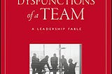 Image shows the cover for the book “5 Dysfunctions of a Team”, containing a central black and white image with a group of people standing around a small table.