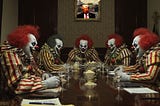 Evil clowns sitting around a table. A portrait of Trump is in the background, with his mouth drooping post-stroke