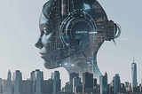 A futuristic chatbot in the style of a robot, specifically-tailored for AI customer service utilized by an innovative multilingual call center; the chatbot is stationed over a cityscape, signifying that call center AI is already enhancing global customer engagement.