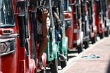 Rickshaws line up to buy fuel in Sri Lanka