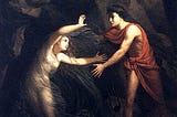 A painting of Orpheus and Eurydice. Orpheus, dressed in a red robe, reaches out to Eurydice, who is depicted as a ghostly figure in white. They are in a dark, rocky cave in the Underworld. Orpheus holds a lyre, symbolizing his musical talent.