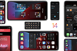 Screenshots showing different features of iOS 14