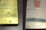 Two pictures side-by-side of a vintage brass Zippo before and after polishing.