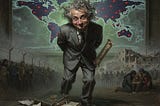 Satirical oil painting of a weaselly businessman hiding a philosophy diploma, standing before a global surveillance map with scenes of oppression and a shattered ethics book at his feet.