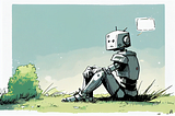 A robot sitting in a field, contemplating