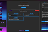 A high-contrast dark mode dashboard for the NeuroRythm application. The interface features a purple and blue gradient sidebar with navigation links like ‘Rabbit Warren’, ‘Patterns & Insights’, and ‘NeuroRythm Go’. The central workspace, titled ‘Today’s Schedule & Focus’, displays modular time blocks for a ‘Primary Focus Block’ (NeuroRythm Private Beta Launch), a ‘Rabbit Hole’ (Stage Academy), and a ‘Reward Block’ (Write Short Story). To the right, a ‘Celebrate Your Wins’ feed lists completed
