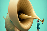 AI generated of a person standing in front of a stylized elephant looking creature with a large ear like trunk. midjourney prompt: “a large ear in the size of a human, listening to a conversation with a stethoscope, in the style of Wes Anderson”)