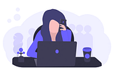 An illustration of a woman sitting at a desk with her laptop and a take-away coffee. She is slouched over slightly and holds her phone to her ear. 