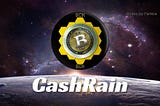Background space in purple colour. At the bottom the surface of a planet with the sun behind. Added a large custom made logo of BCH at the middle and test “cashrain”.