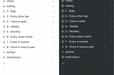 Two Workflowy screens on an iPhone, side by side. One in light mode, one in dark, showing a series of lists.