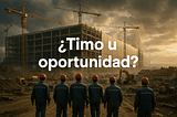 Imagen de una construcción en progreso de una gran fábrica, con varias grúas y maquinaria pesada en el sitio. En primer plano, cinco trabajadores con cascos de seguridad observan la construcción. El cielo nublado da un tono sombrío a la escena. En el centro, se muestra un texto en español que dice: \"¿Timo u oportunidad?\", sugiriendo un análisis crítico sobre la nueva fábrica de CATL en Figueruelas.